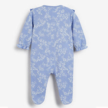 Load image into Gallery viewer, Blue Frill 3 Pack Embroidered Detail Baby Sleepsuits (0-18mths)
