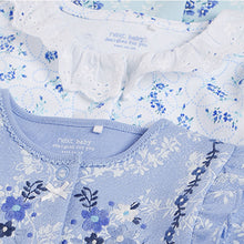 Load image into Gallery viewer, Blue Frill 3 Pack Embroidered Detail Baby Sleepsuits (0-18mths)