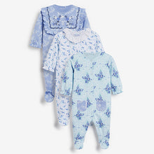 Load image into Gallery viewer, Blue Frill 3 Pack Embroidered Detail Baby Sleepsuits (0-18mths)