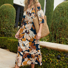 Load image into Gallery viewer, Navy Blue Floral Off Shoulder Summer Dress