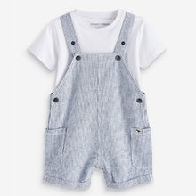 Load image into Gallery viewer, Blue Linen Stripe Dungaree & T-Shirt Set (3mths-5yrs)
