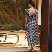 Load image into Gallery viewer, Navy Blue Floral V-Neck Midi Dress