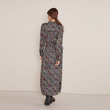 Load image into Gallery viewer, Black Floral Print Tie Waist Midi Shirt Dress