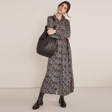 Load image into Gallery viewer, Black Floral Print Tie Waist Midi Shirt Dress