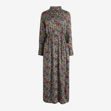 Load image into Gallery viewer, Black Floral Print Tie Waist Midi Shirt Dress
