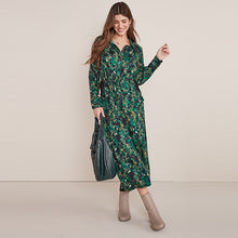Load image into Gallery viewer, Green Animal Tie Waist Midi Shirt Dress