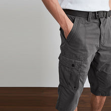 Load image into Gallery viewer, Charcoal Grey Long Length Belted Cargo Shorts