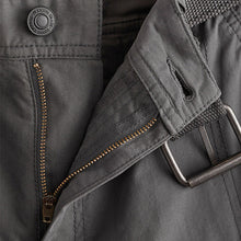 Load image into Gallery viewer, Charcoal Grey Long Length Belted Cargo Shorts