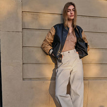 Load image into Gallery viewer, Black/Tan Brown Faux Leather Varsity Bomber Jacket