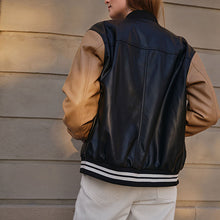 Load image into Gallery viewer, Black/Tan Brown Faux Leather Varsity Bomber Jacket