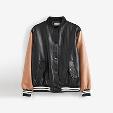 Load image into Gallery viewer, Black/Tan Brown Faux Leather Varsity Bomber Jacket