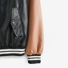 Load image into Gallery viewer, Black/Tan Brown Faux Leather Varsity Bomber Jacket