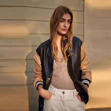 Load image into Gallery viewer, Black/Tan Brown Faux Leather Varsity Bomber Jacket