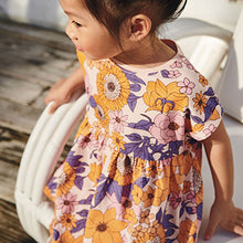 Load image into Gallery viewer, Orange Retro Floral Short Sleeve Jersey Dress (3mths-6yrs)