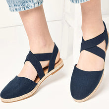 Load image into Gallery viewer, Navy Blue Espadrille Cross Over Flats