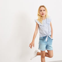 Load image into Gallery viewer, Blue Stripe Tie Front Frill Blouse (3-12yrs)