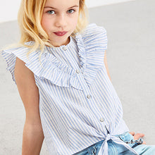 Load image into Gallery viewer, Blue Stripe Tie Front Frill Blouse (3-12yrs)