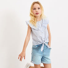 Load image into Gallery viewer, Blue Stripe Tie Front Frill Blouse (3-12yrs)