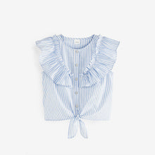 Load image into Gallery viewer, Blue Stripe Tie Front Frill Blouse (3-12yrs)