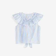 Load image into Gallery viewer, Blue Stripe Tie Front Frill Blouse (3-12yrs)