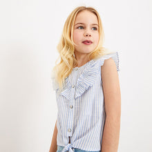 Load image into Gallery viewer, Blue Stripe Tie Front Frill Blouse (3-12yrs)