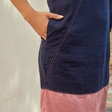 Load image into Gallery viewer, Navy Blue/ Pink Colourblock Linen Blend Summer Shift Dress