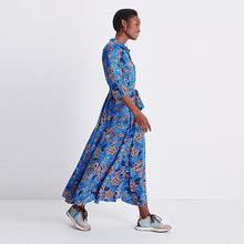 Load image into Gallery viewer, Blue Floral Volume Sleeve Belted Shirt Dress