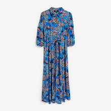 Load image into Gallery viewer, Blue Floral Volume Sleeve Belted Shirt Dress