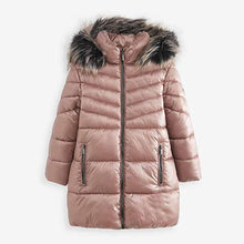 Load image into Gallery viewer, Toffee Pink Next Shower Resistant Faux Fur Trim Long Padded Coat (3-12yrs)