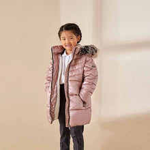 Load image into Gallery viewer, Toffee Pink Next Shower Resistant Faux Fur Trim Long Padded Coat (3-12yrs)