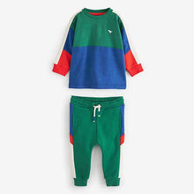 Load image into Gallery viewer, Green/ Blue Long Sleeve Cosy Colourblock T-Shirt And Joggers Set (3mths-5yrs)