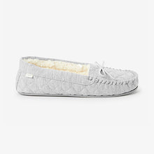 Load image into Gallery viewer, Grey Quilted Faux Fur Lined Moccasin Slippers