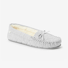 Load image into Gallery viewer, Grey Quilted Faux Fur Lined Moccasin Slippers