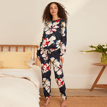 Load image into Gallery viewer, Navy Blue Floral Cotton Long Sleeve Pyjamas