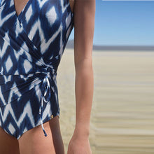 Load image into Gallery viewer, Navy Zigzag Ruched Side Tummy Control Swimsuit