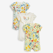 Load image into Gallery viewer, Yellow/White/Blue Floral 3 Pack Rompers (0-18mths)