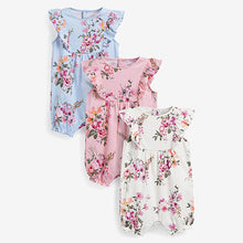 Load image into Gallery viewer, Pink/Blue/White Floral 3 Pack Rompers (0-18mths)