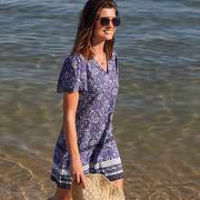 Load image into Gallery viewer, Blue Print Linen Blend Kaftan Summer Dress