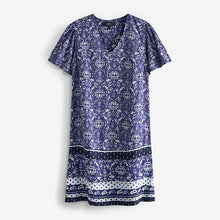 Load image into Gallery viewer, Blue Print Linen Blend Kaftan Summer Dress