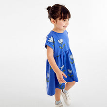 Load image into Gallery viewer, Blue Tulip Print Short Sleeve Jersey Dress (3mths-6yrs)