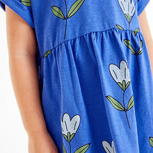 Load image into Gallery viewer, Blue Tulip Print Short Sleeve Jersey Dress (3mths-6yrs)