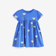 Load image into Gallery viewer, Blue Tulip Print Short Sleeve Jersey Dress (3mths-6yrs)