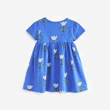 Load image into Gallery viewer, Blue Tulip Print Short Sleeve Jersey Dress (3mths-6yrs)