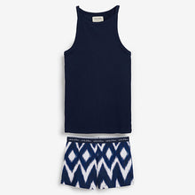 Load image into Gallery viewer, Navy Blue Ikat Cotton Vest Pyjama Short Set