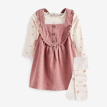 Load image into Gallery viewer, Pink Floral Baby 3 Piece Cord Pinafore Dress, Bodysuit And Tights Set (0mths-18mths)