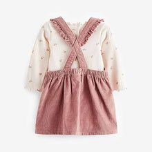 Load image into Gallery viewer, Pink Floral Baby 3 Piece Cord Pinafore Dress, Bodysuit And Tights Set (0mths-18mths)