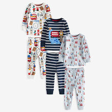 Load image into Gallery viewer, Blue/White London Dino Bus 3 Pack Snuggle Pyjamas (9mths-6yrs)