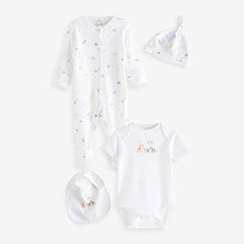 Load image into Gallery viewer, White Bright Character 4 Piece Baby Sleepsuit Bodysuit Hat And Bib Set (0mth-6mths)