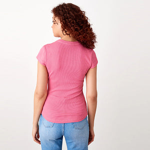 Pink Ribbed Cap Sleeve T-Shirt