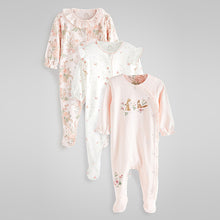 Load image into Gallery viewer, Pale Pink Bunny Floral Baby Sleepsuits 3 Pack (0mth-18mths)